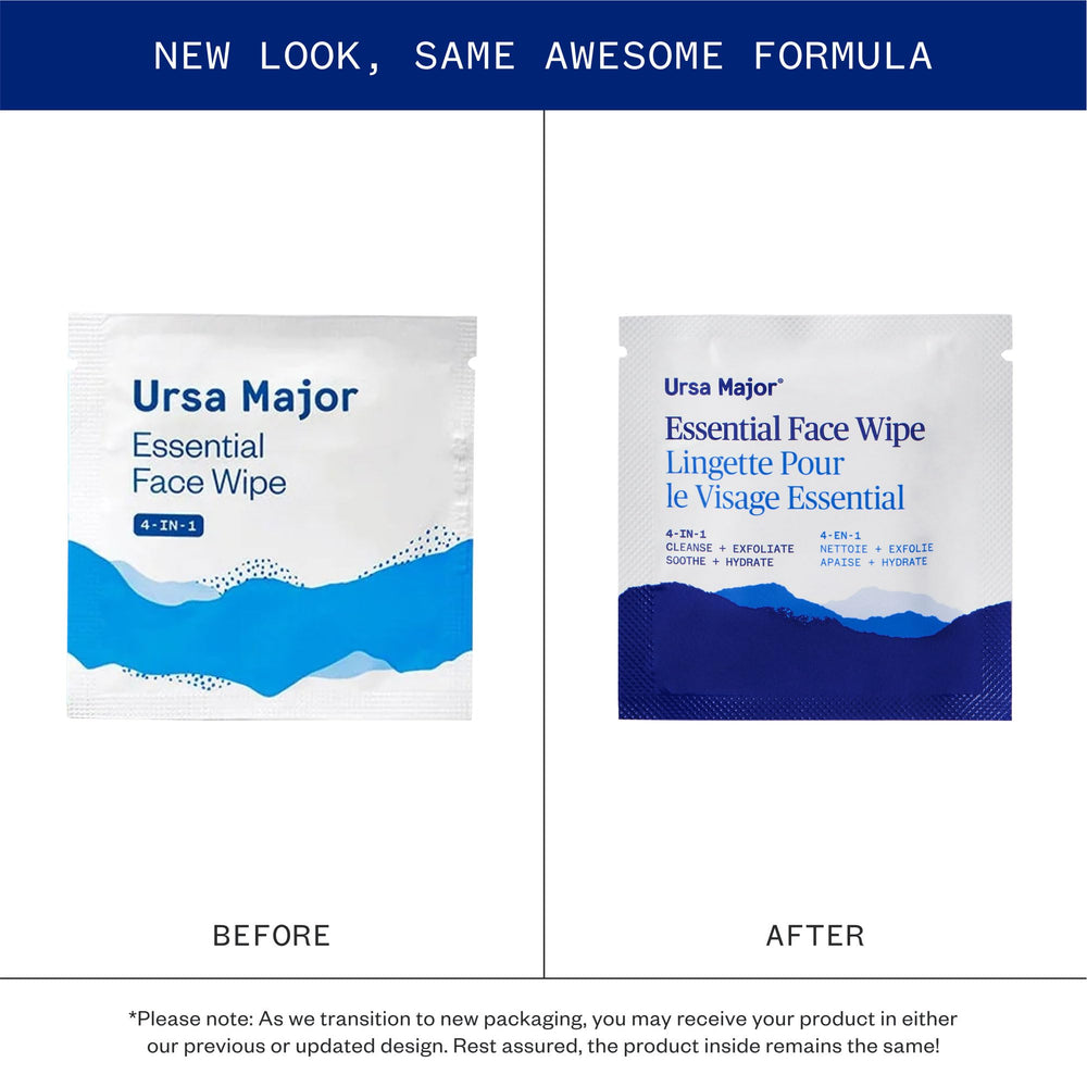 Ursa Major Essential Face Wipes individually wrapped for quick refresh and easy use anywhere.