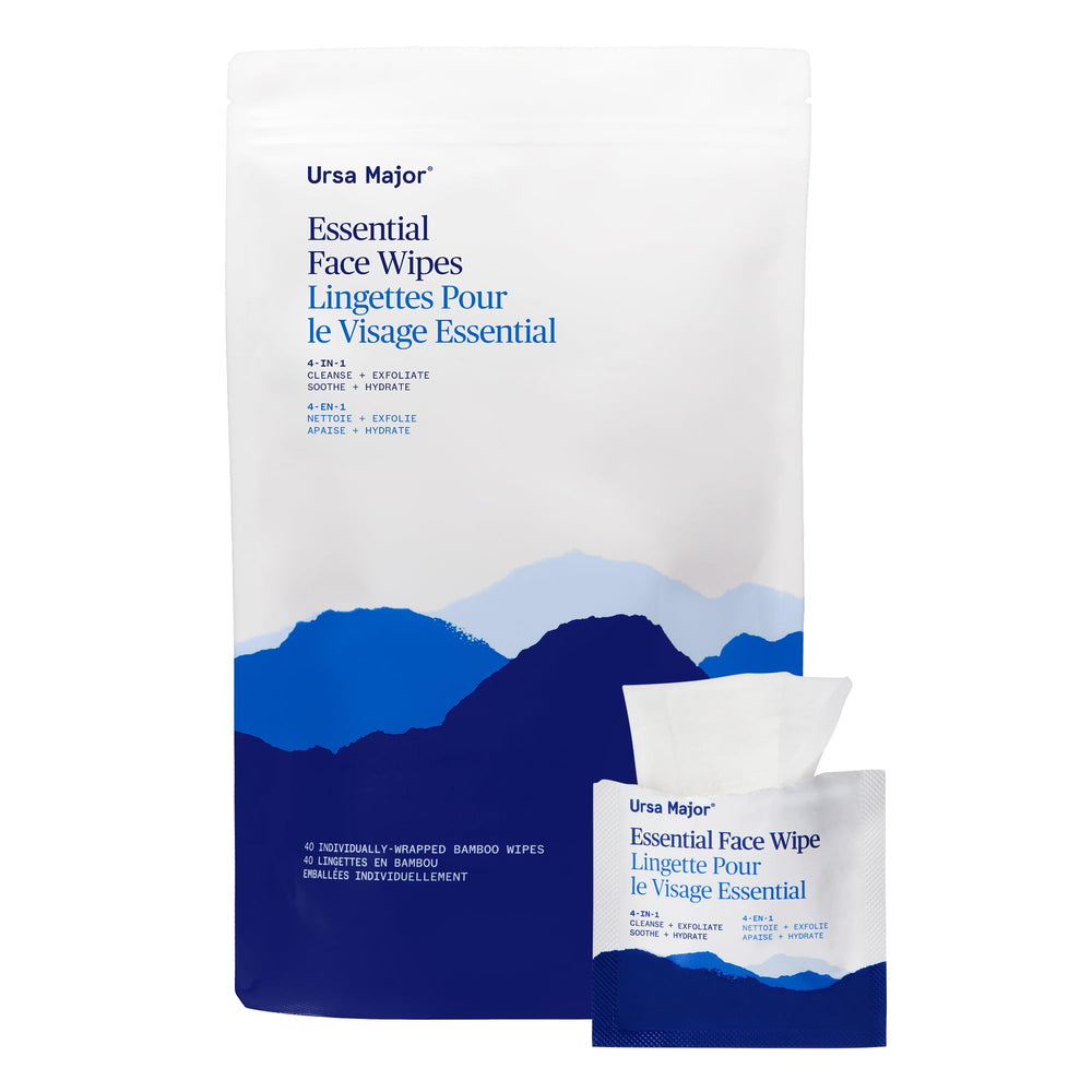 Ursa Major Essential Face Wipes packaging bottle highlights travel-ready design for on-the-go cleansing.