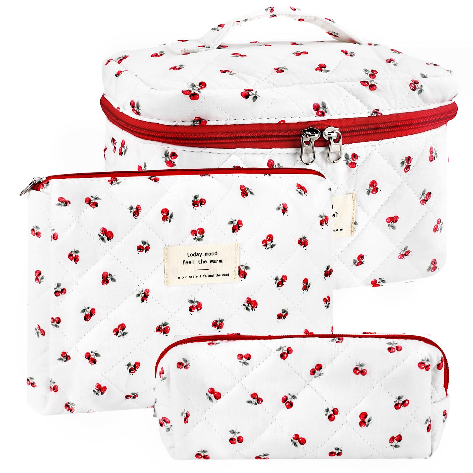 URSKYTOUS 3pc cotton quilted makeup bag set shown together for organized travel
