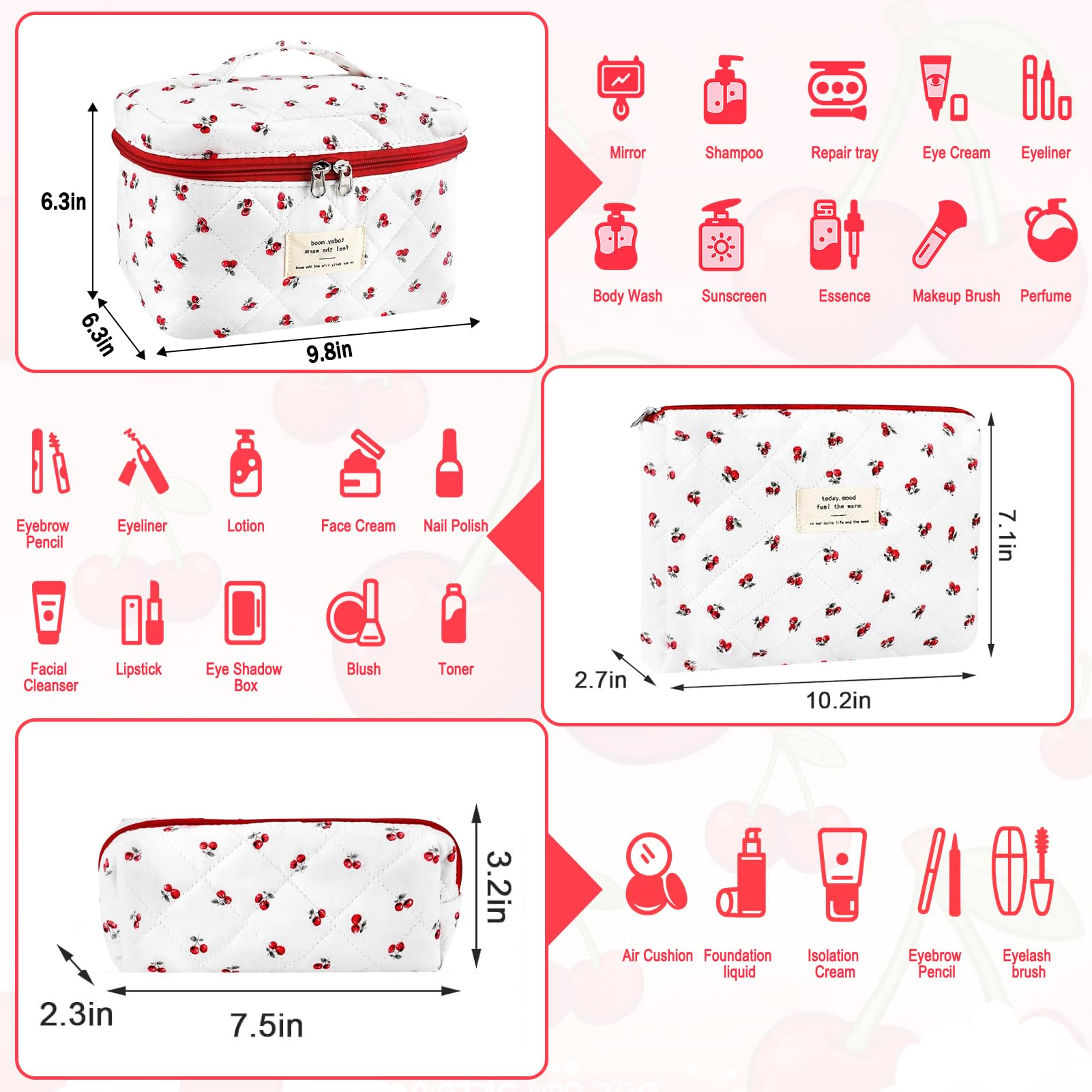 URSKYTOUS cherry pattern makeup pouch ideal for on the go touch ups