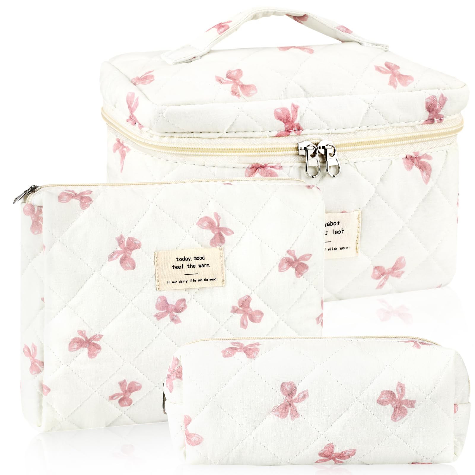 URSKYTOUS front view coquette quilted makeup bag with bow pattern for stylish travel storage