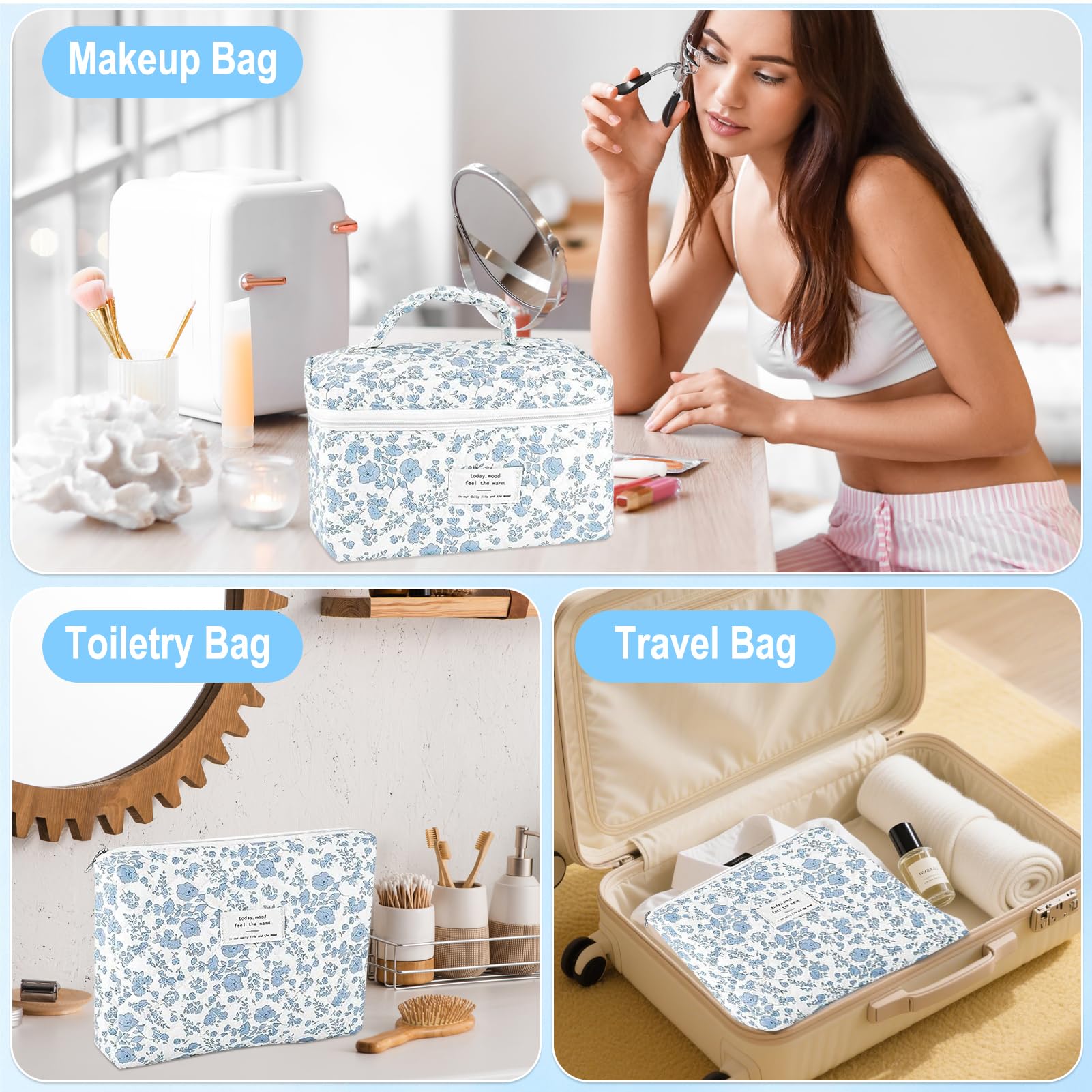 URSKYTOUS quilted cotton makeup bag with soft touch and easy cleaning.