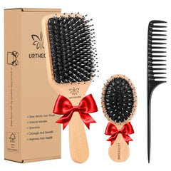 URTHEONE boar bristle brush on wooden paddle delivers gentle detangling and natural shine.