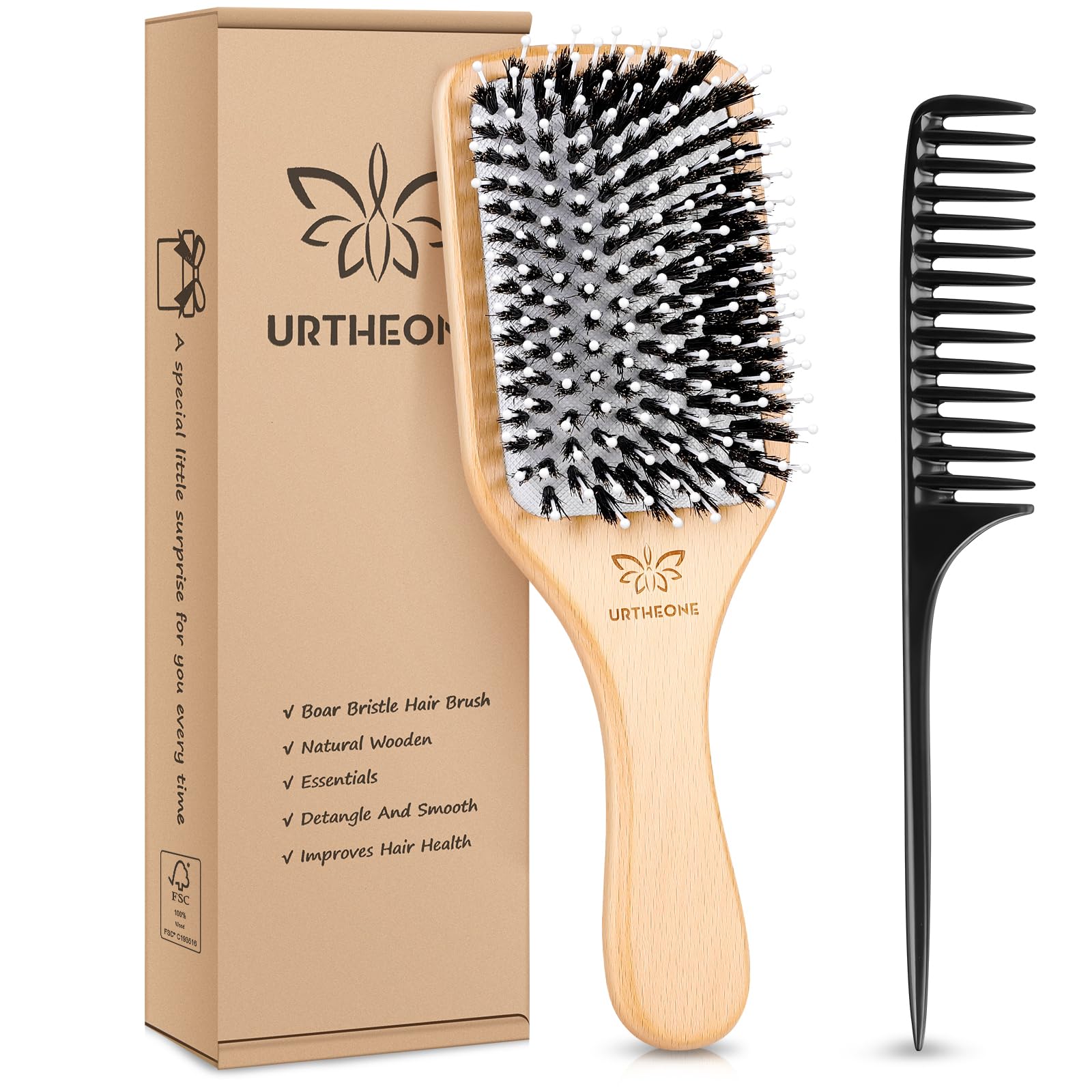URTHEONE hair brush wooden paddle close-up highlighting detangling ability.