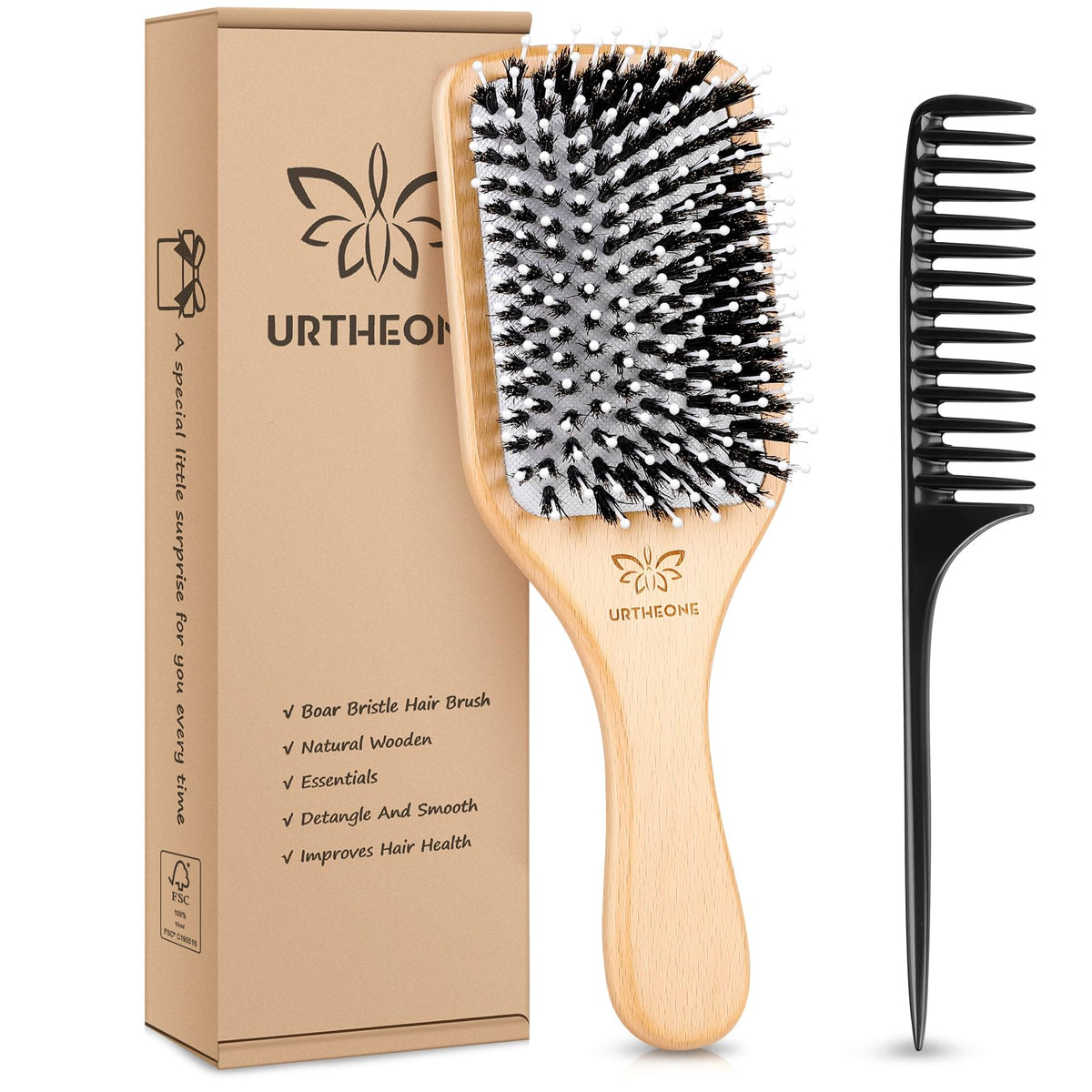 URTHEONE hair brush wooden paddle close-up highlighting detangling ability.
