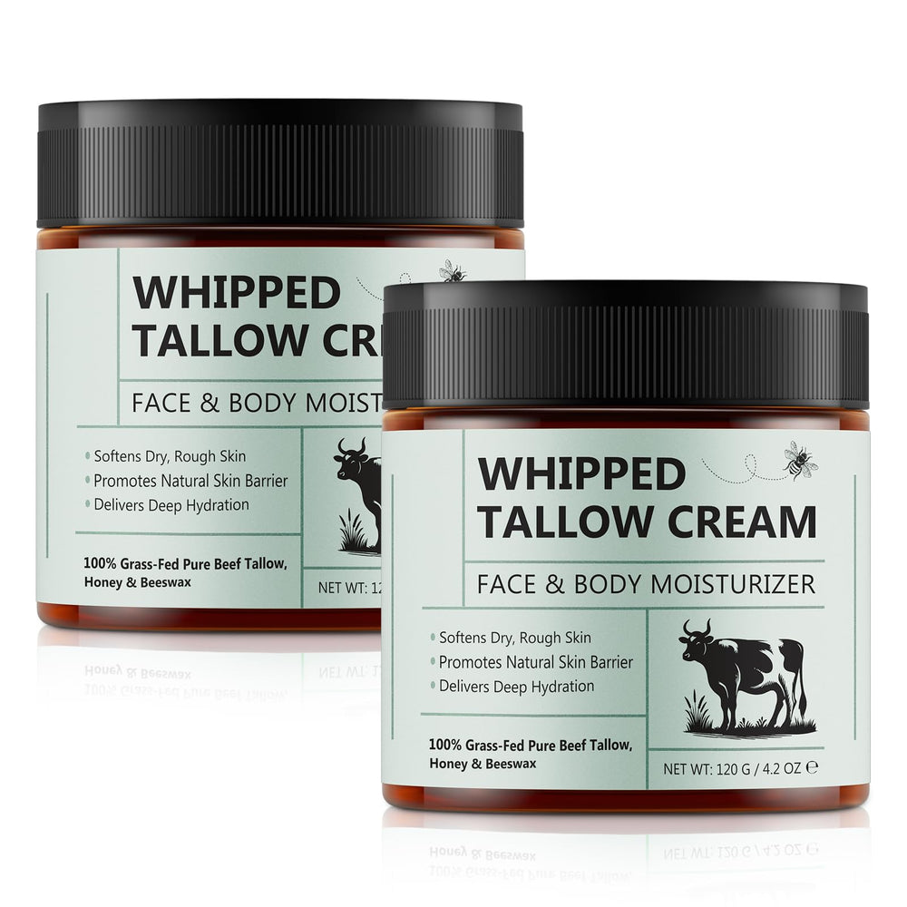 Uruses beef tallow balm packaging shows twin jars for versatile skin care.