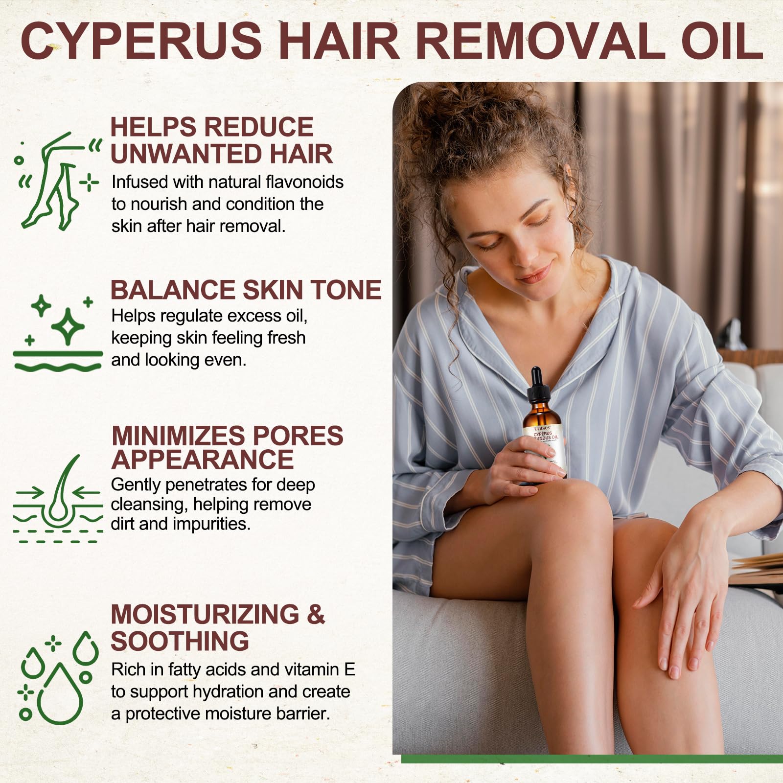 Uruses Cyperus Rotundus Oil on the face for gentle moisturizing.