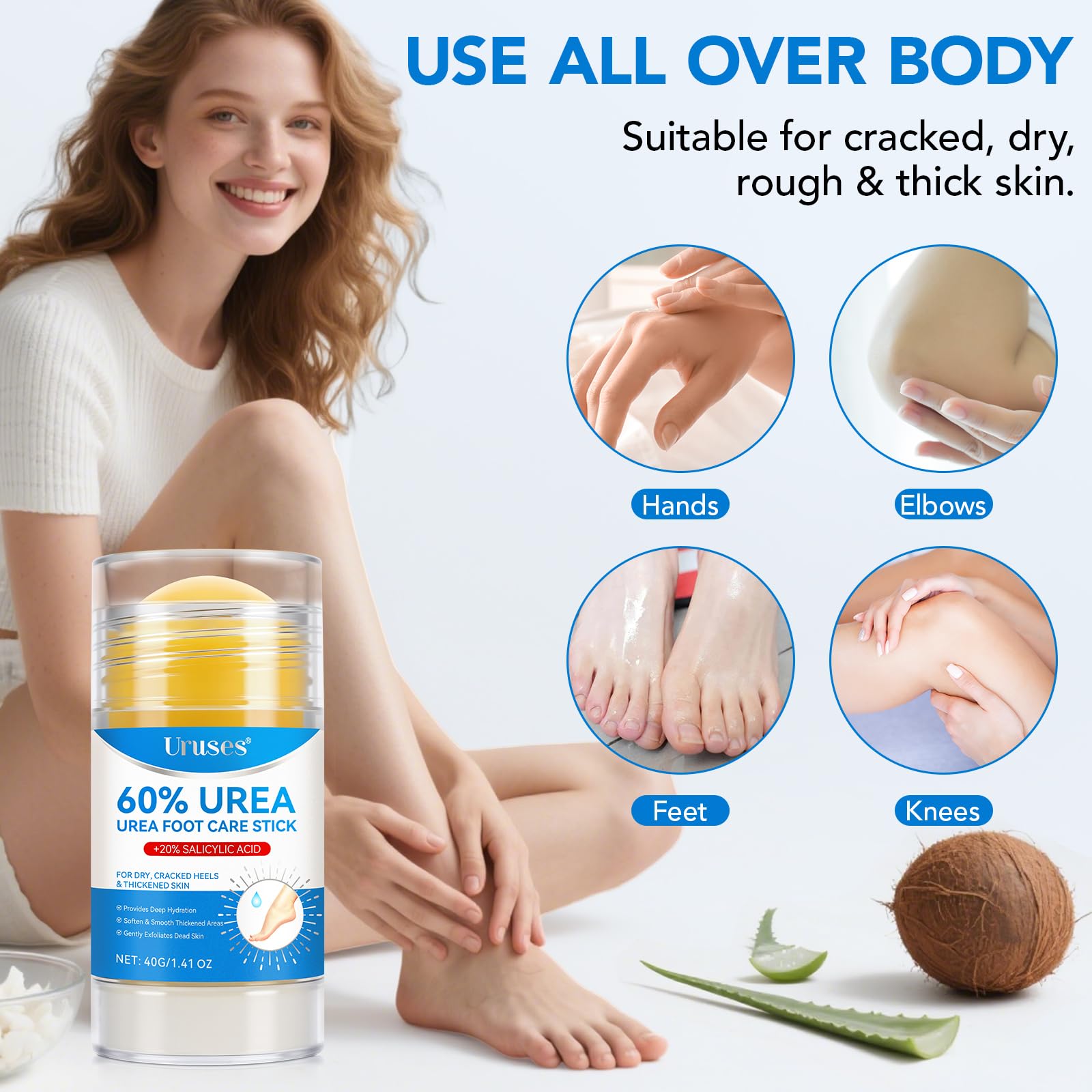 Uruses packaging display front shows value of dual-pack for feet care.