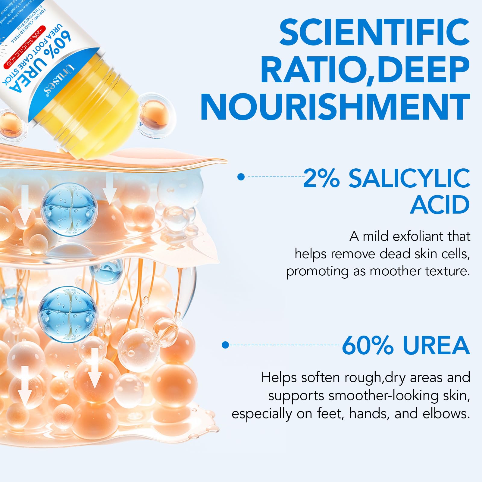Uruses foot-care-stick application demonstrates easy-to-use moisturizing treatment for rough areas.