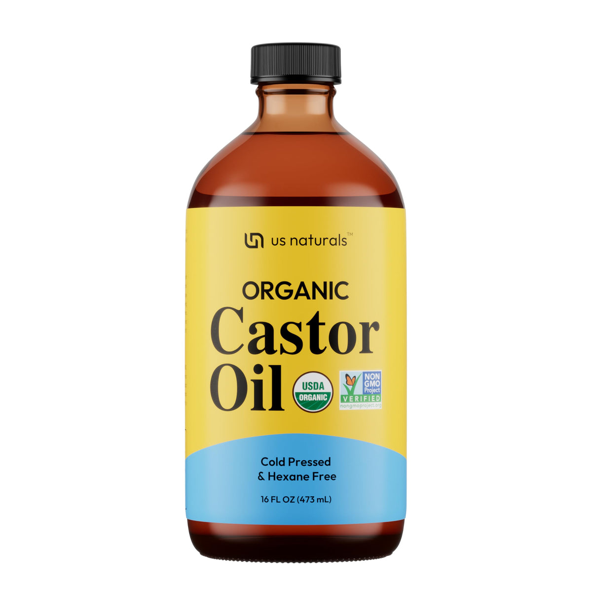 Us Naturals castor oil glass bottle ready for skincare and hair nourishment.