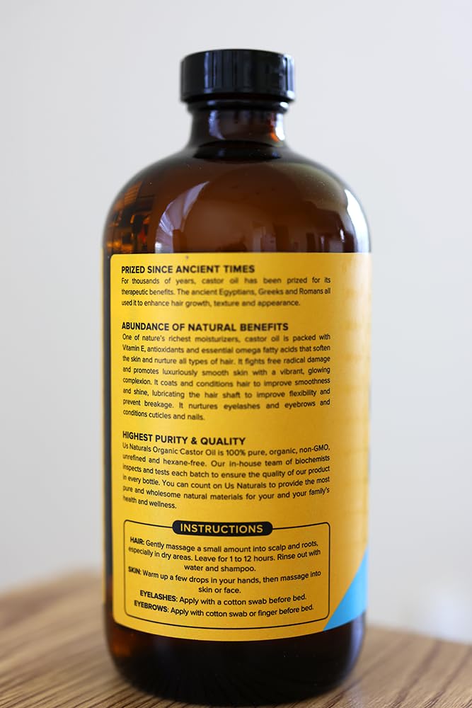 Us Naturals castor oil pour demonstrates easy dispensing and multitask beauty use.