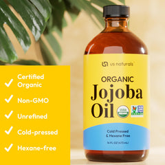 Us Naturals Jojoba Oil amber glass bottle side view protects potency