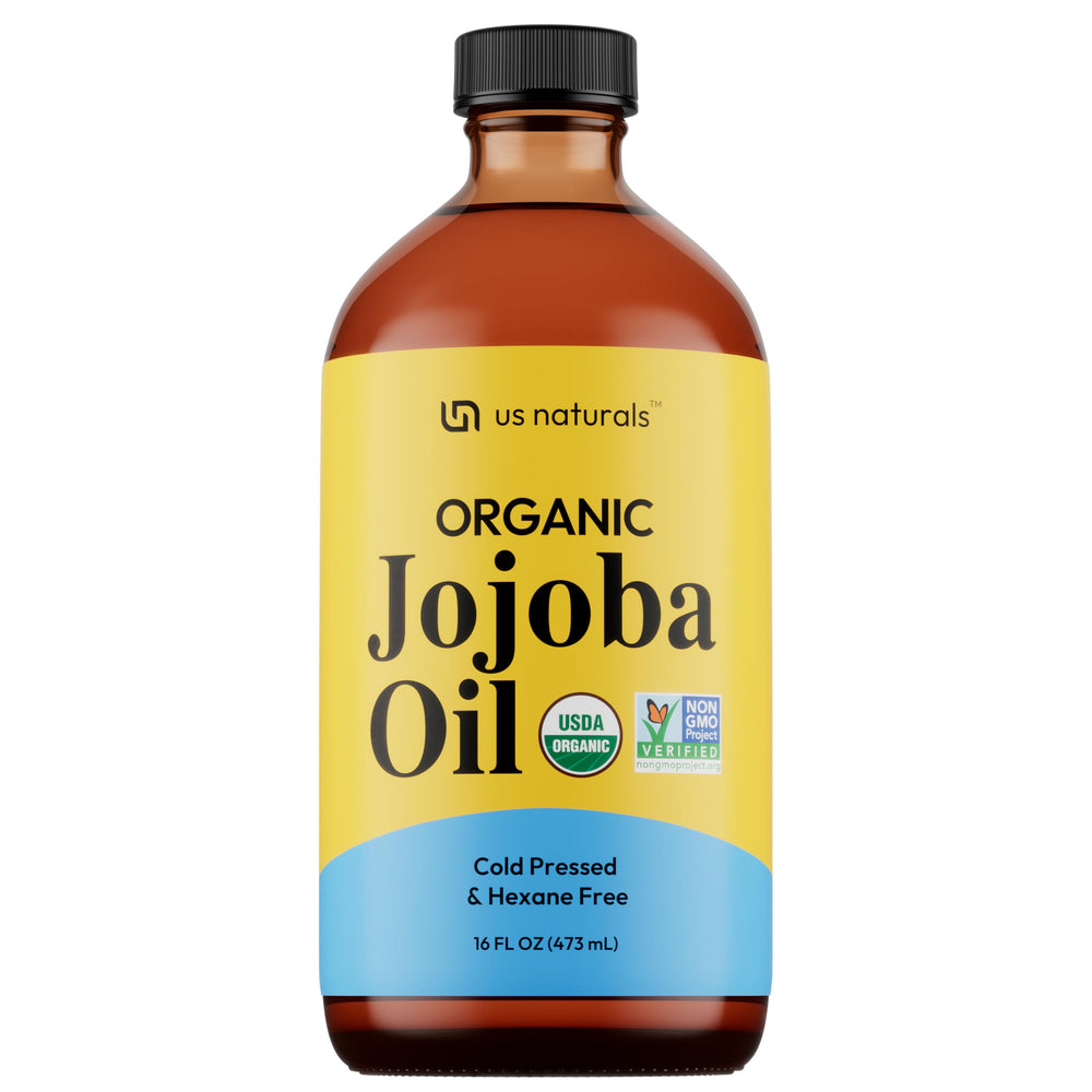 Us Naturals Jojoba Oil front-view bottle highlighting purity and hydration potential