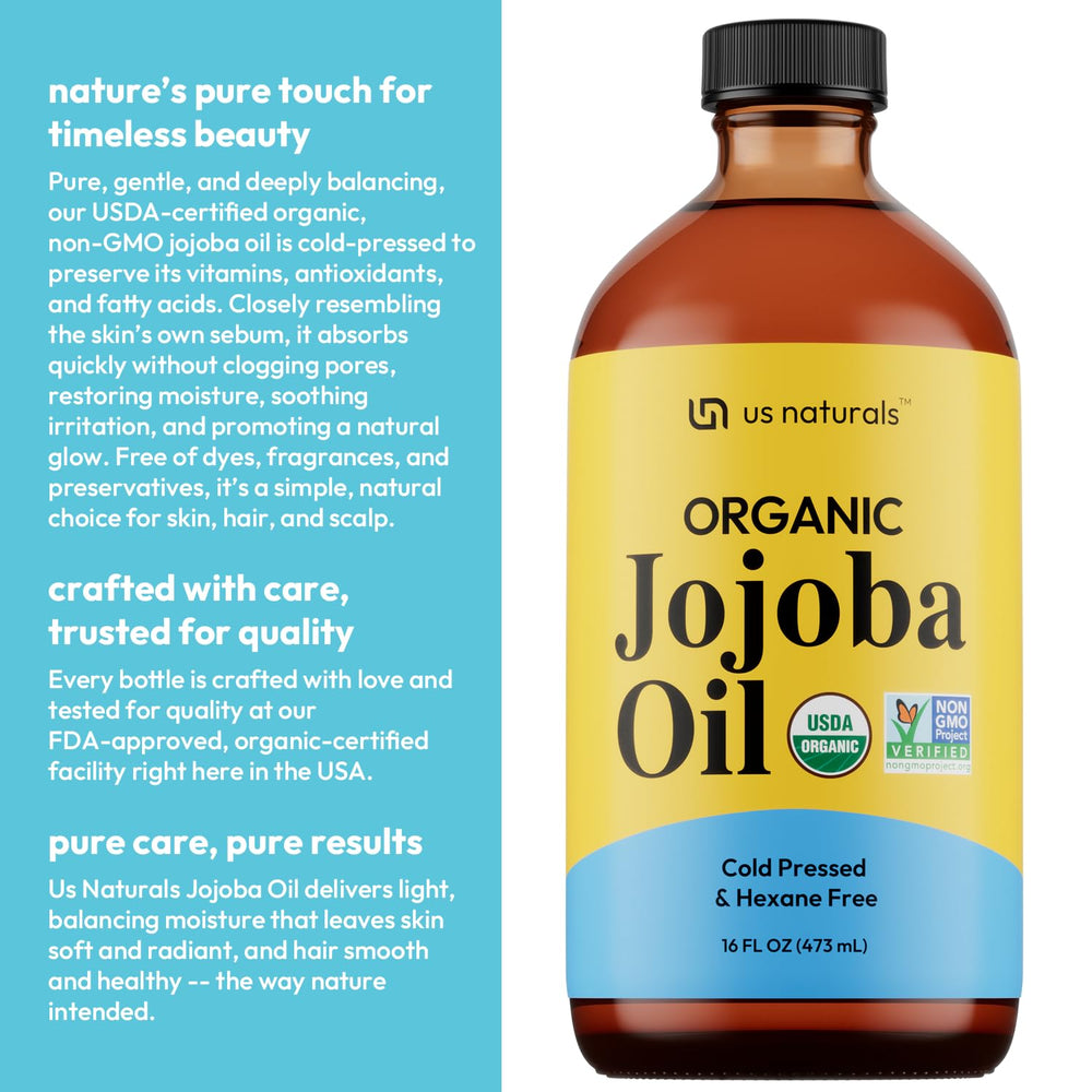 Us Naturals Jojoba Oil on shelf emphasizes eco-friendly packaging