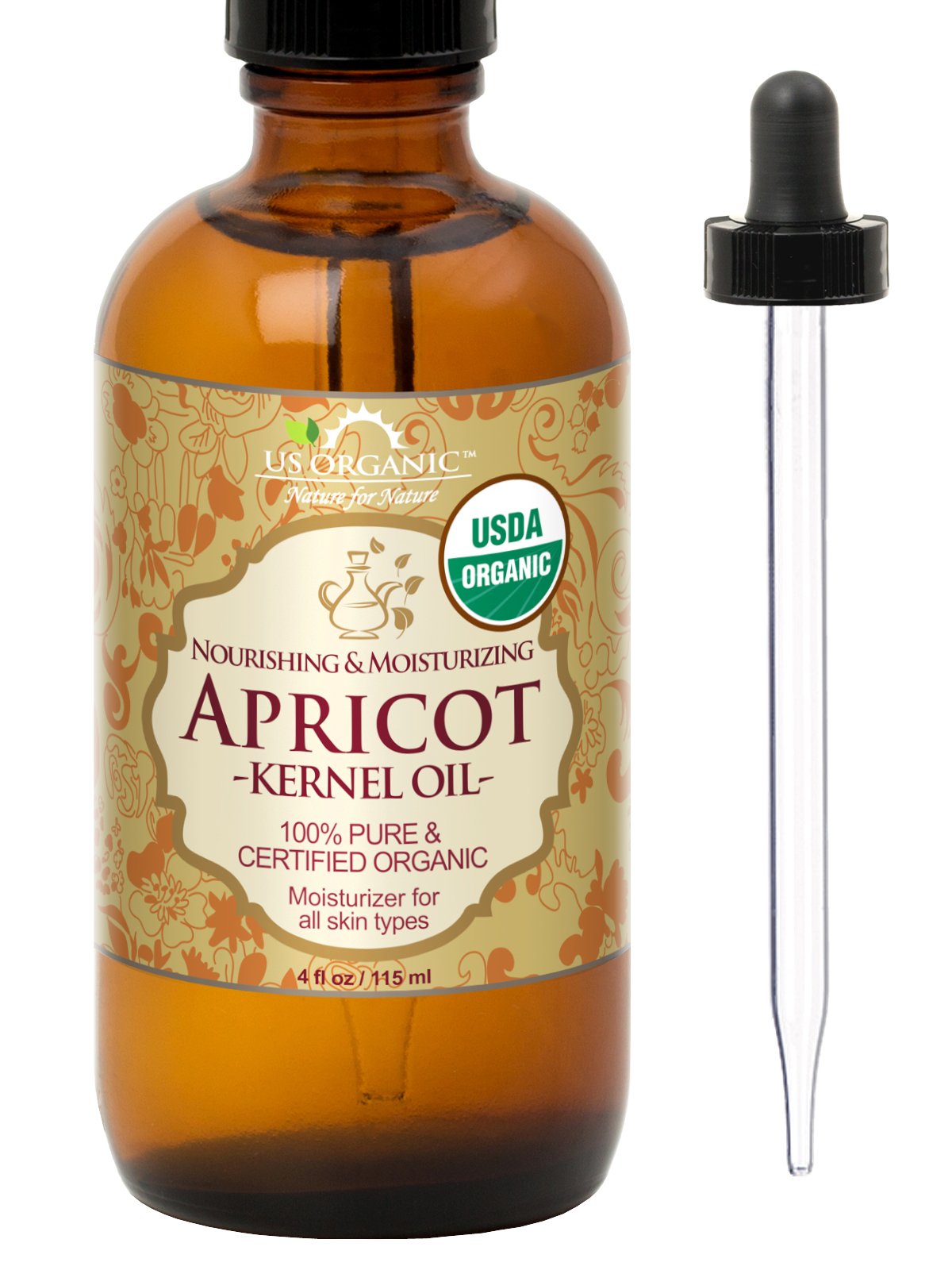 US Organic Apricot Kernel Oil bottle shows premium, easily absorbed skin softening oil.