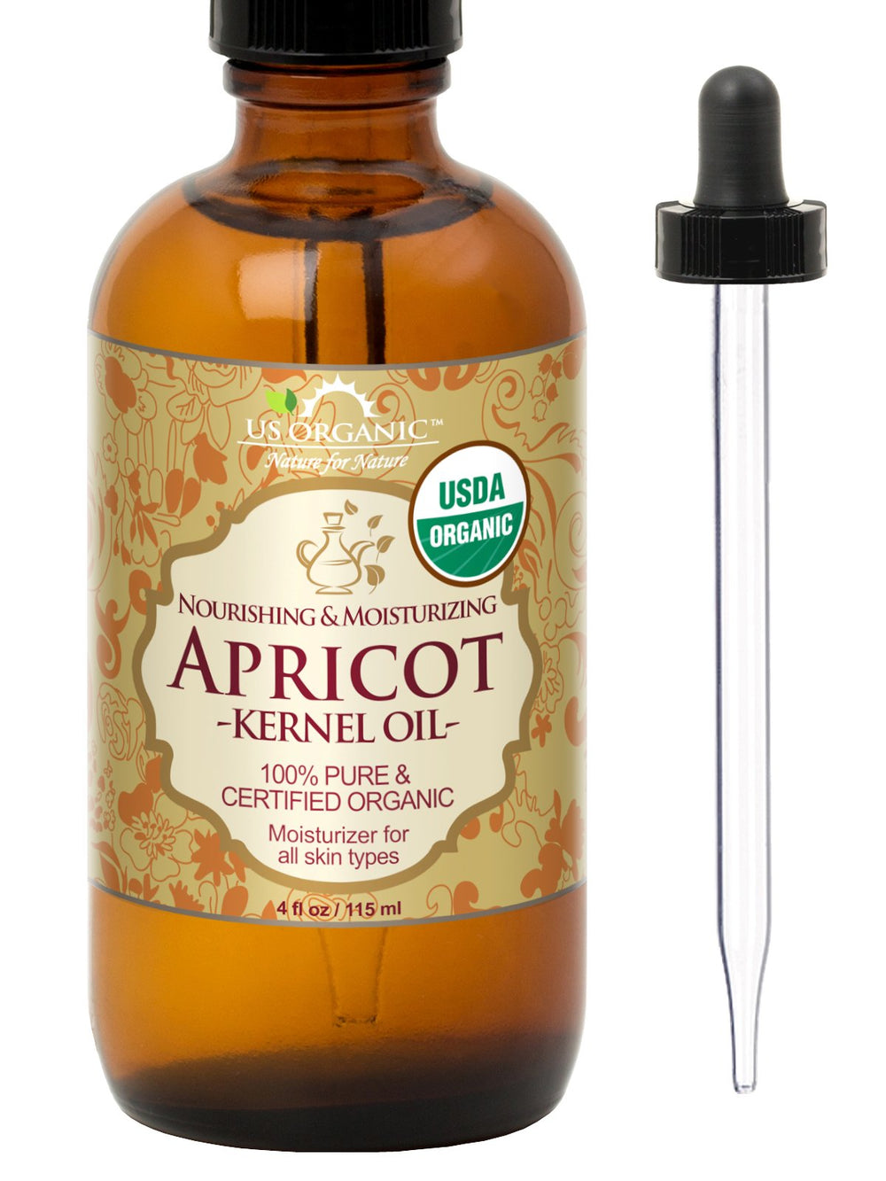 US Organic Apricot Kernel Oil bottle shows premium, easily absorbed skin softening oil.