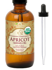 US Organic Apricot Kernel Oil bottle shows premium, easily absorbed skin softening oil.