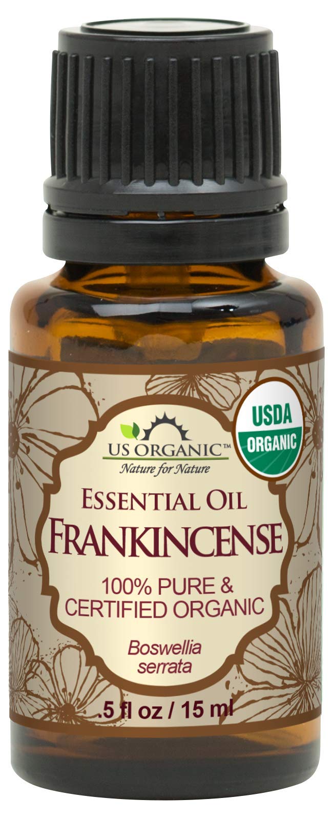 US Organic frankincense essential oil bottle for pure aromatherapy and fragrance use.