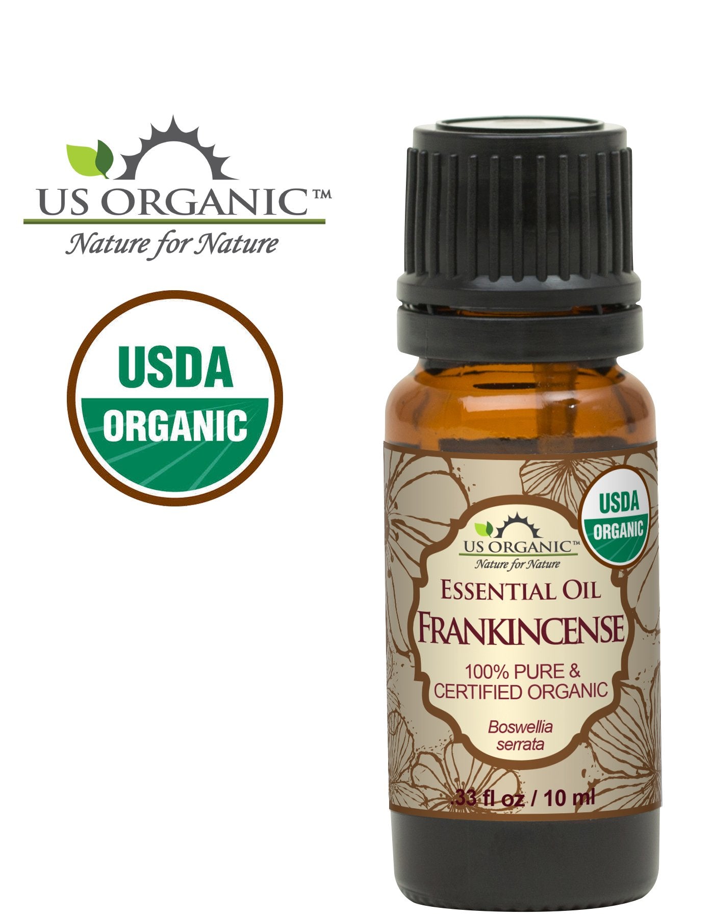 US Organic frankincense oil amber bottle highlighting premium steam-distilled purity.