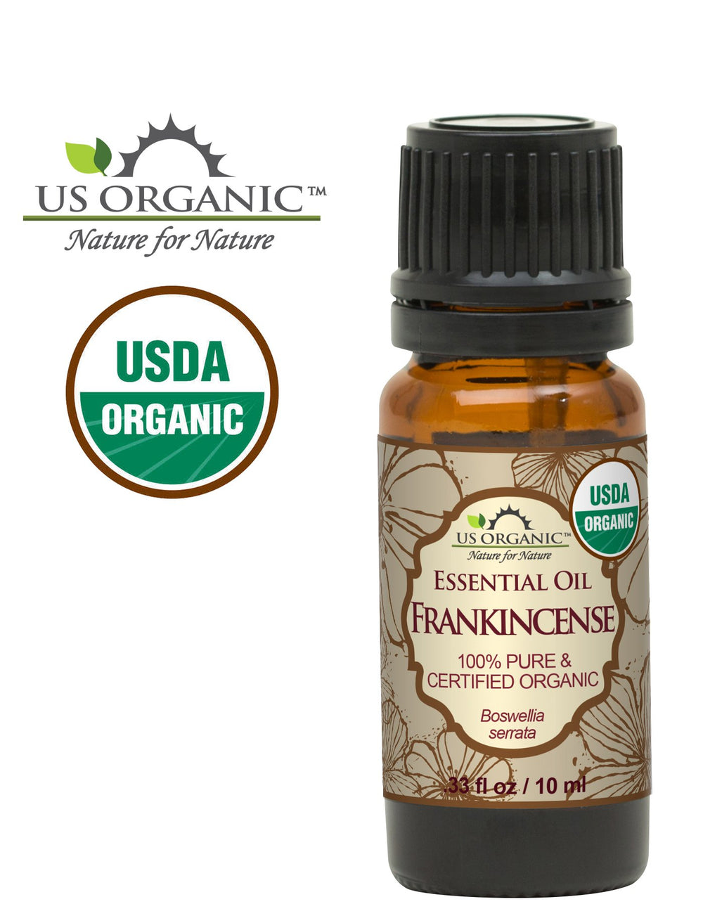 US Organic frankincense oil amber bottle highlighting premium steam-distilled purity.