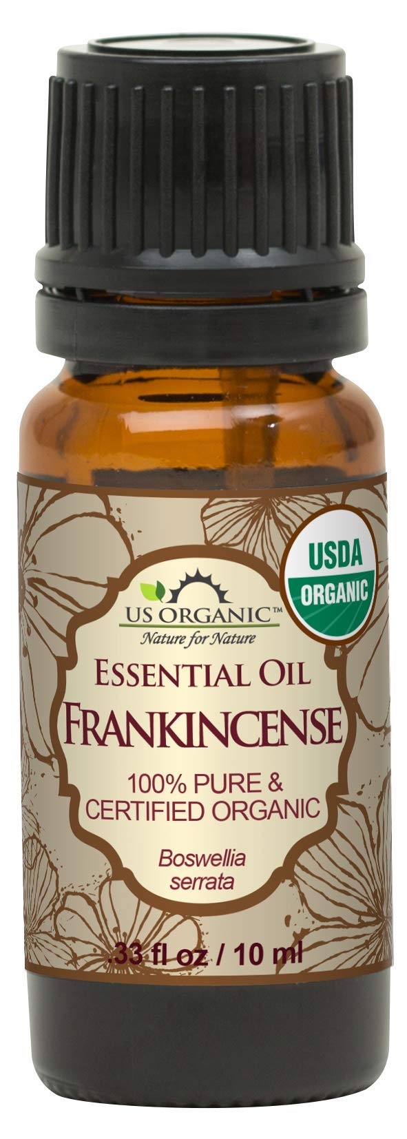 US Organic frankincense oil bottle closeup shows pure resinous aroma for calming diffusions.