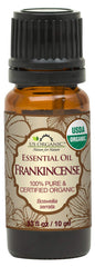 US Organic frankincense oil bottle closeup shows pure resinous aroma for calming diffusions.