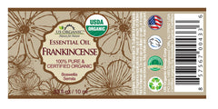 US Organic frankincense essential oil diffuser drops releasing warm woodsy scent.