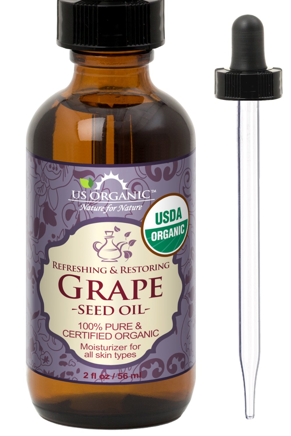 US Organic Grape Seed Oil bottle in amber glass for skin hydration.