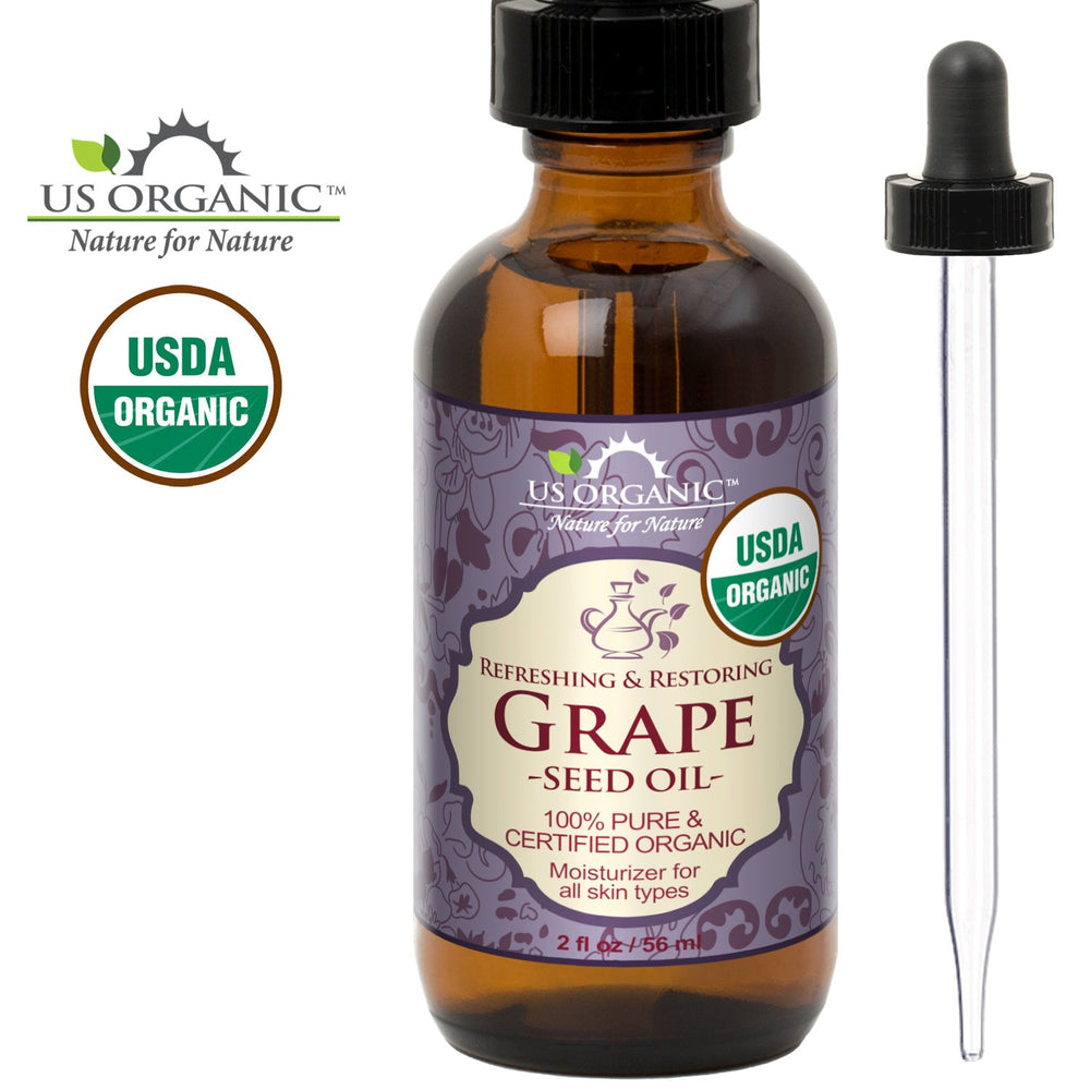 US Organic Grape Seed Oil with glass eyedropper for easy application.