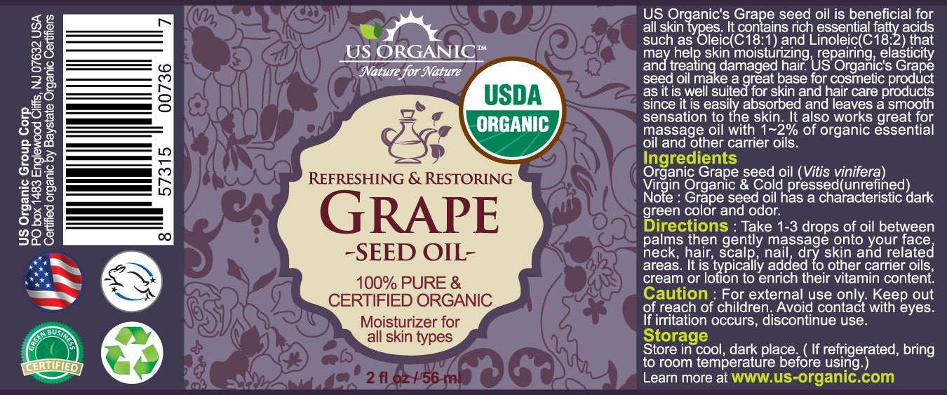 US Organic Grape Seed Oil label close-up highlighting USDA organic purity for skin nourishment.