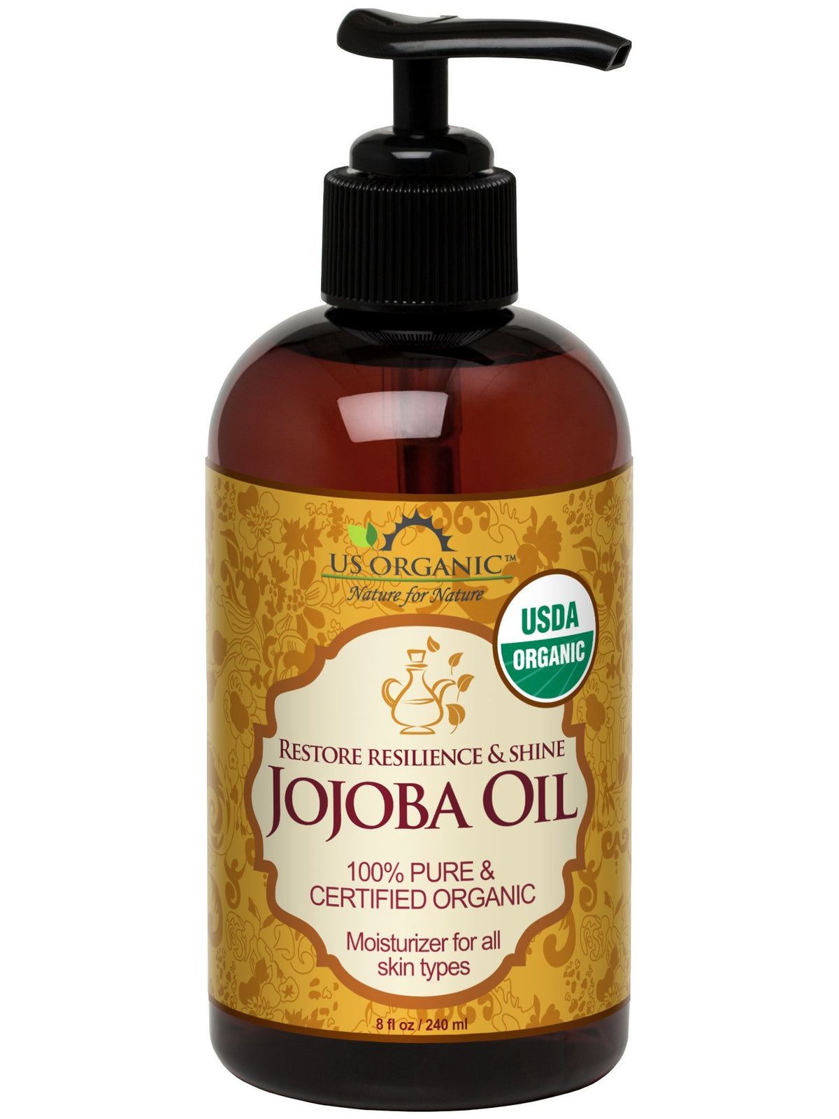 US Organic Jojoba Oil bottle amber highlights pure hydration for skin and hair.