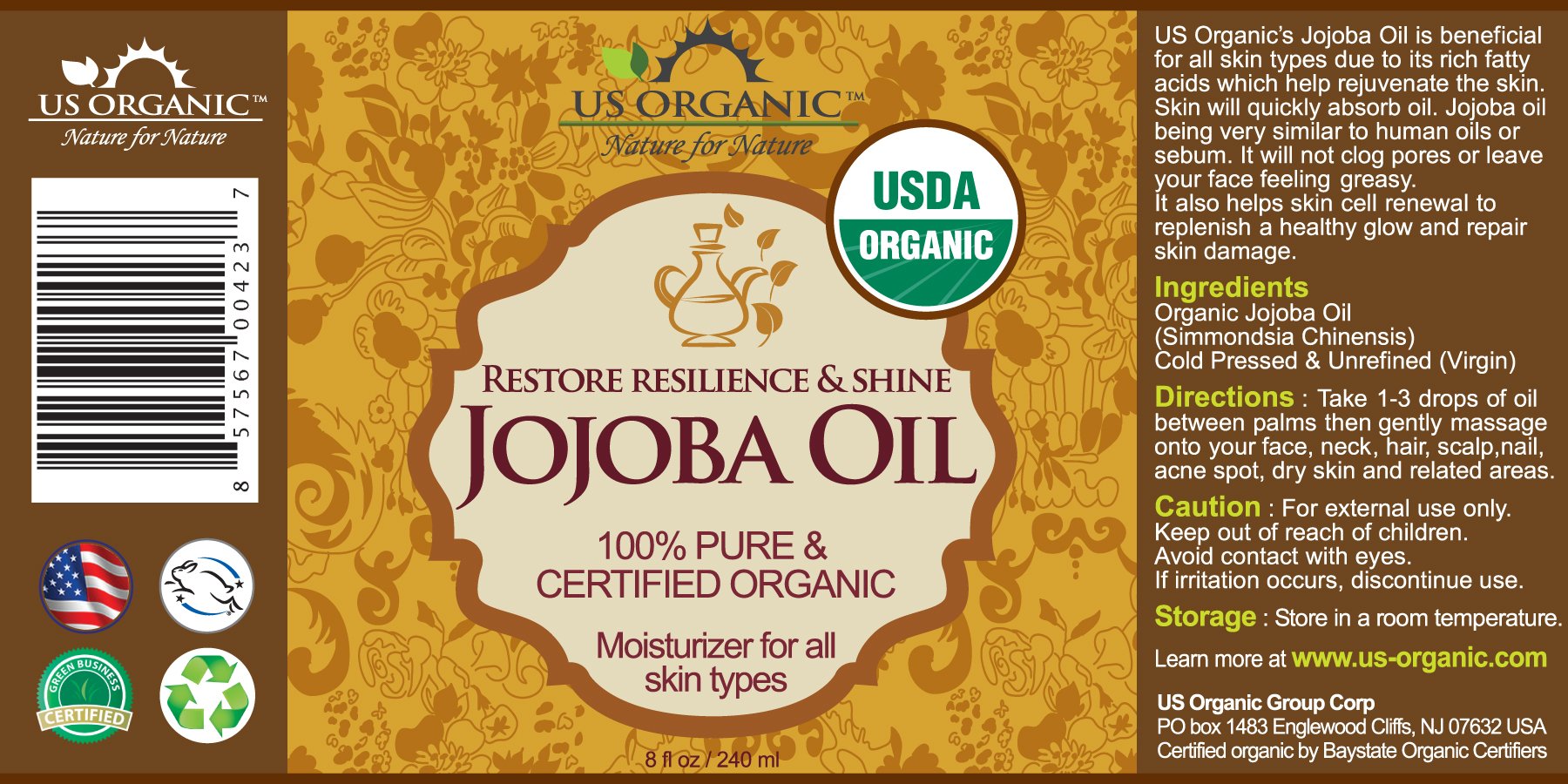 US Organic Jojoba Oil label Organic certification signals trusted, single-ingredient purity.