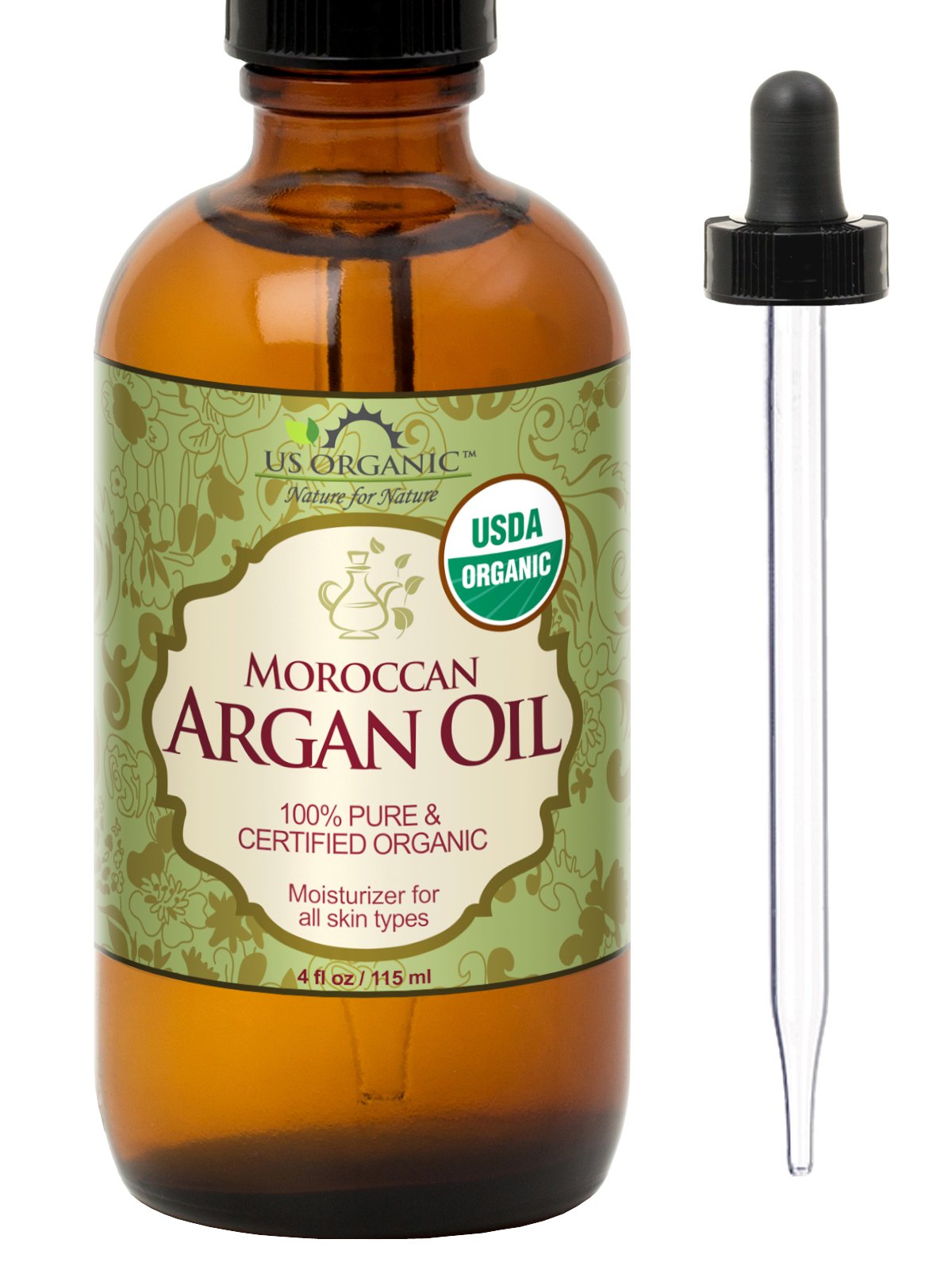 US Organic Moroccan Argan Oil bottle in amber glass for premium hair and skin care.