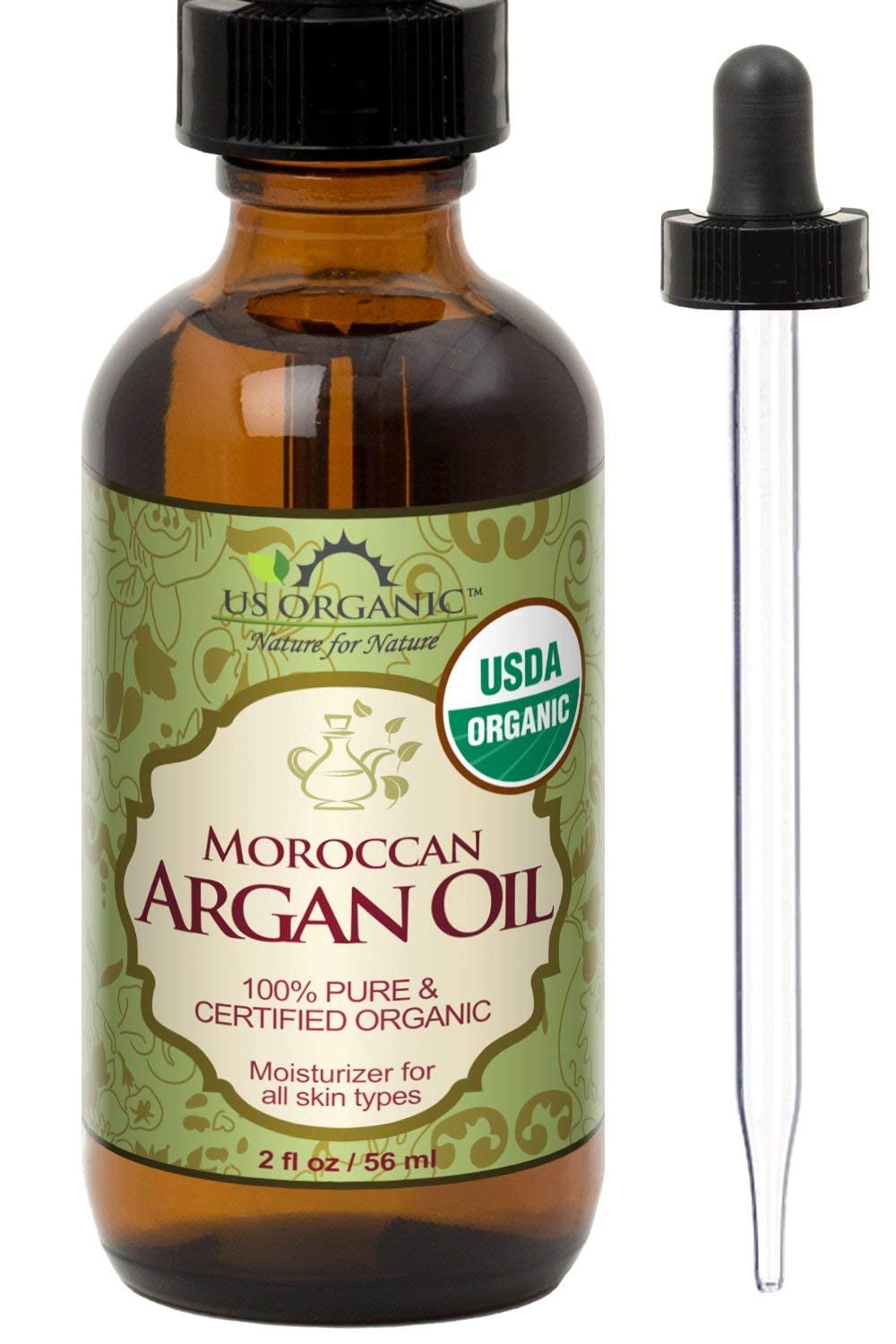 US Organic Moroccan Argan Oil bottle offers pure nourishment for hair and skin.