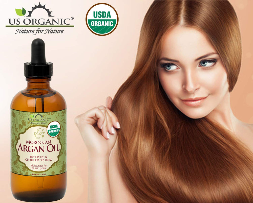 Argan oil hair application by US Organic demonstrates lightweight hydration and shine.