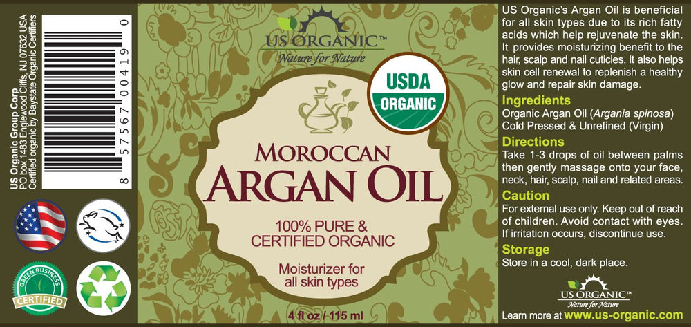 US Organic Moroccan Argan Oil label close-up showing certification and purity.