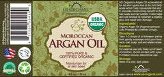 US Organic Moroccan Argan Oil label close-up showing certification and purity.