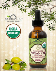 Pouring US Organic Moroccan Argan Oil shows quick absorption for skin and hair care.