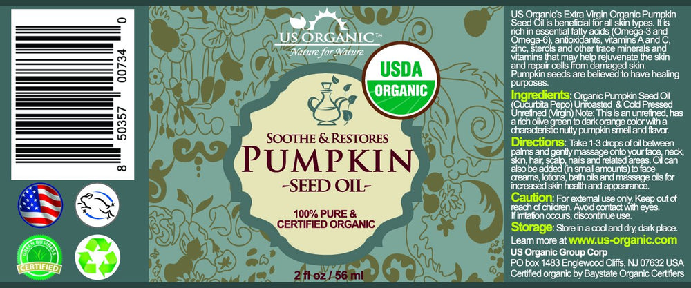 US Organic Pumpkin Seed Oil amber glass emphasizes protection and long shelf life for cosmetics.