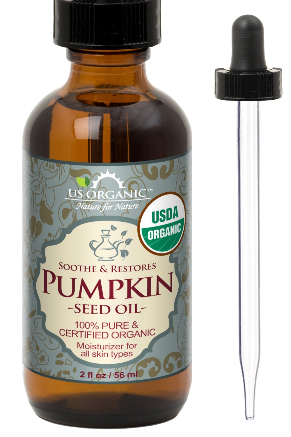 US Organic Pumpkin Seed Oil bottle front view highlights purity and organic sourcing for skincare.