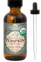 US Organic Pumpkin Seed Oil bottle front view highlights purity and organic sourcing for skincare.