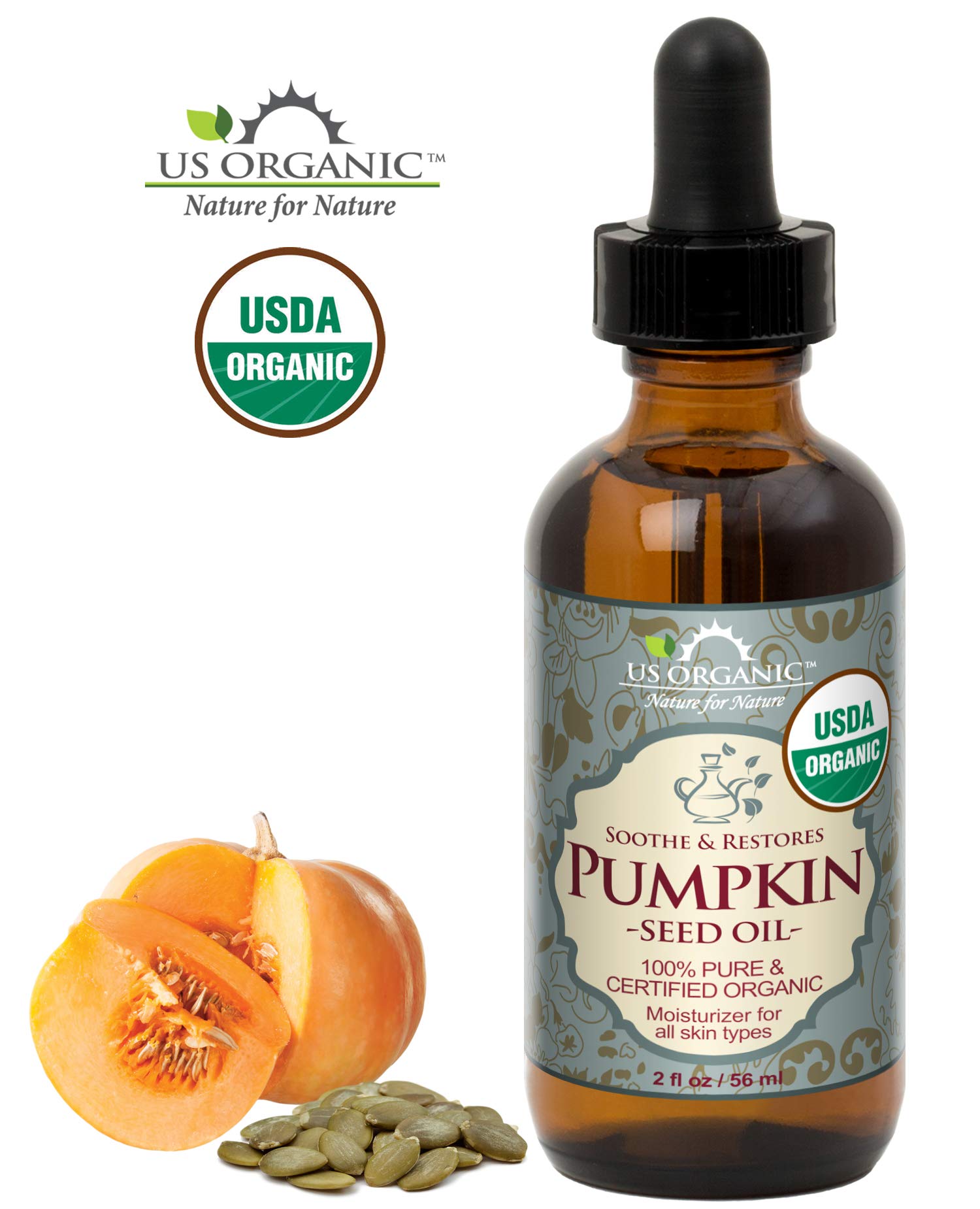 US Organic Pumpkin Seed Oil glass eyedropper showcases precise application for DIY beauty routines.