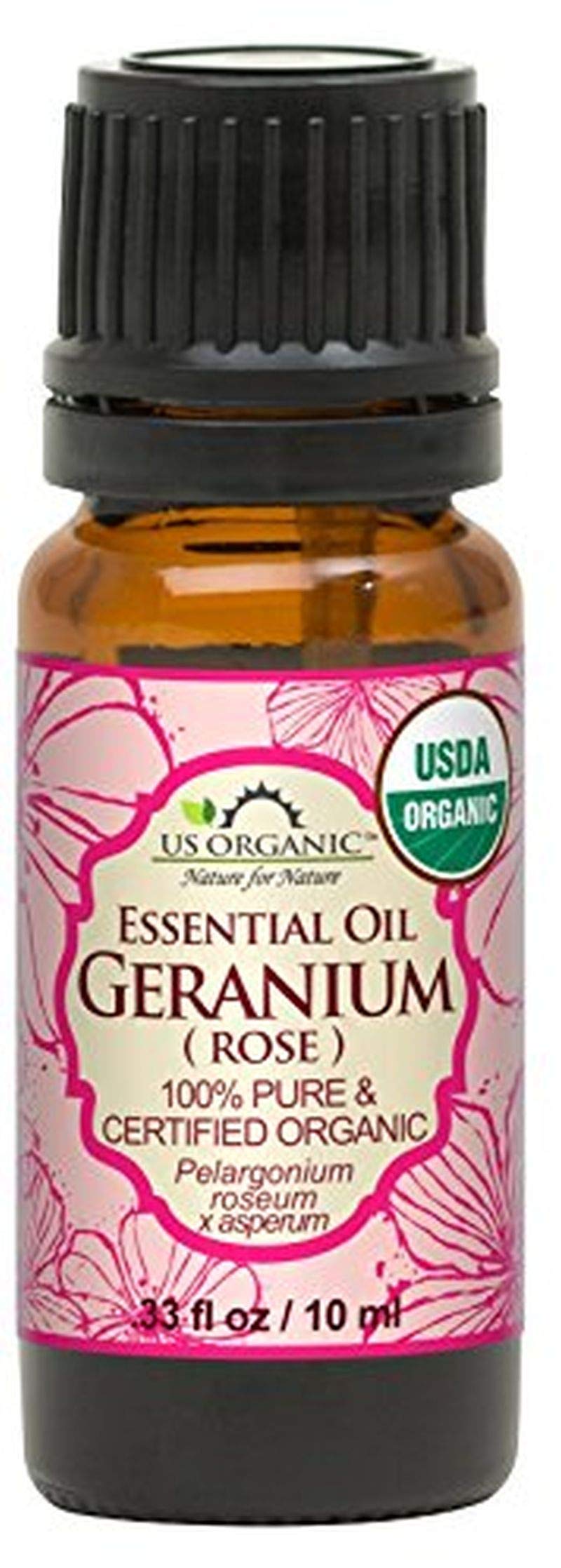 US Organic Rose Geranium essential oil bottle for calming aromatherapy and massage use.