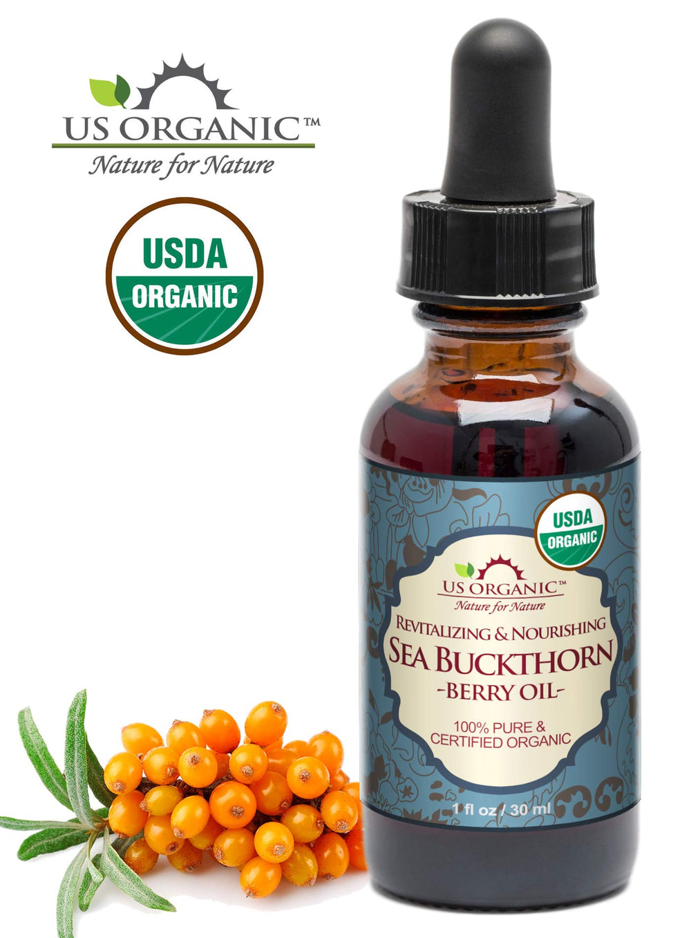 US Organic Sea Buckthorn Oil pour closeup shows rich golden oil for skin care