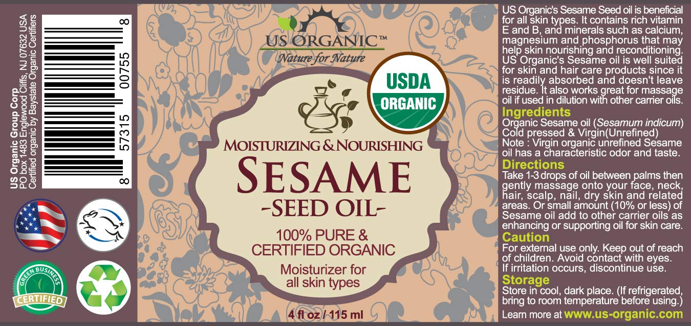 US Organic sesame seed oil cold-pressed liquid appears clear for skin care.