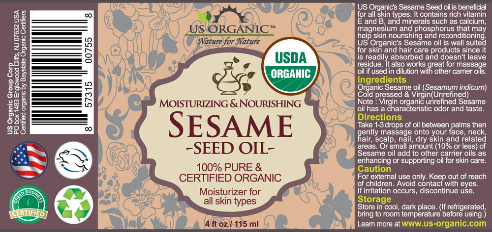 US Organic sesame seed oil cold-pressed liquid appears clear for skin care.
