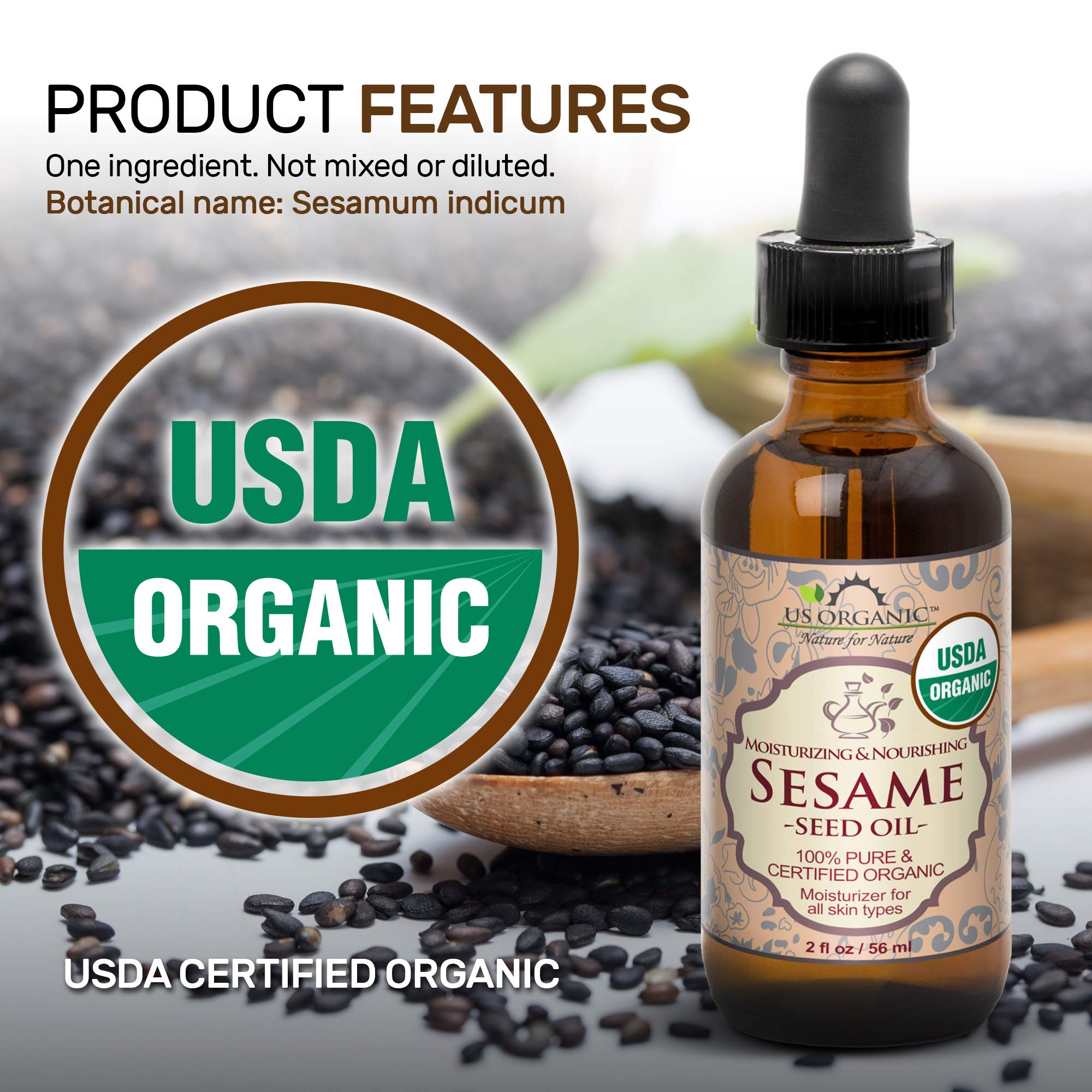 US Organic sesame seed oil notes no fragrance or additives for sensitive skin.
