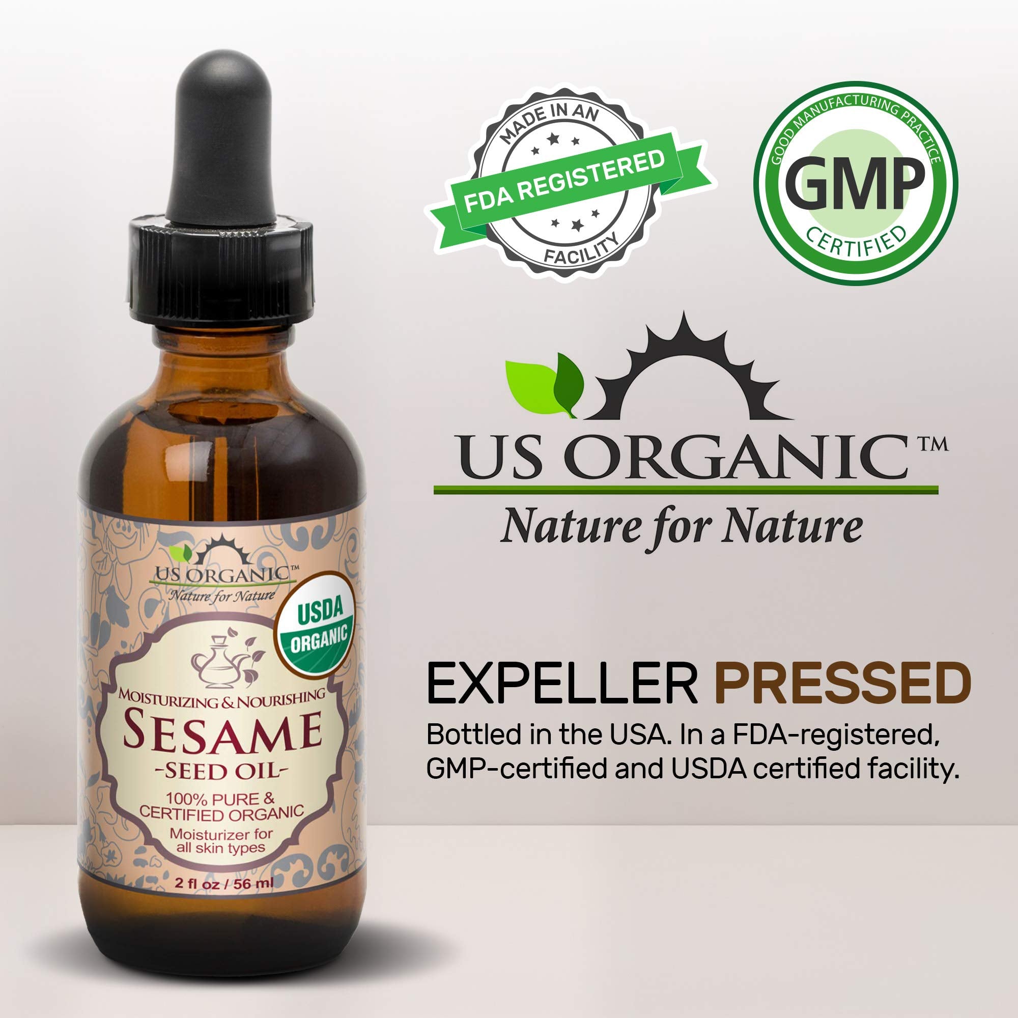 US Organic sesame seed oil ingredient label highlights sesame oil only.