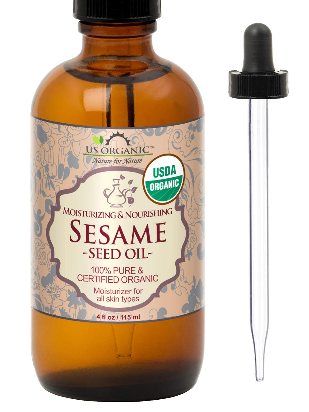 US Organic sesame seed oil in amber glass bottle with dropper for precise application.
