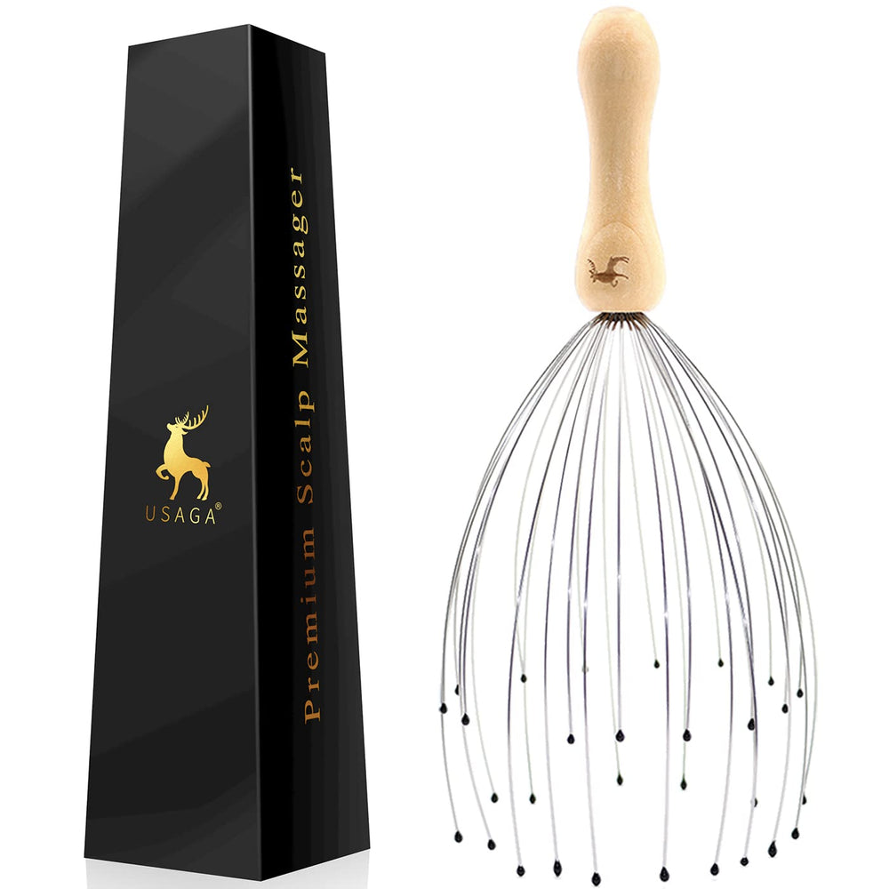 USAGA front view head massager showing full 32-prong layout and ergonomic grip benefits